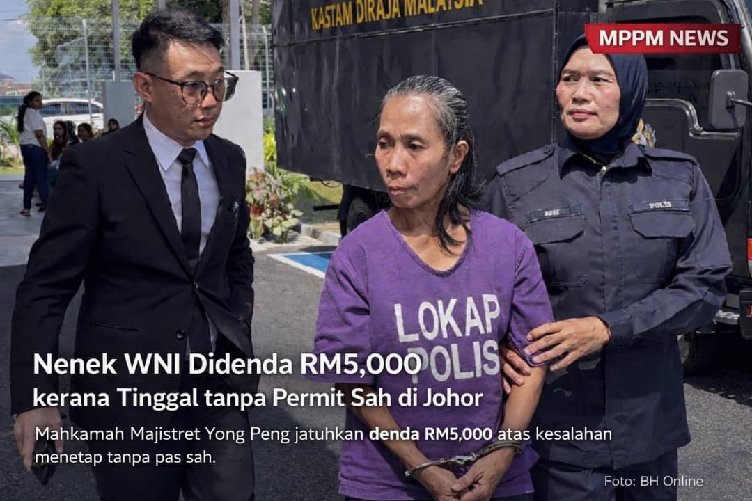 Nenek warga negara Indonesia diiringi polis selepas Mahkamah Majistret Yong Peng menjatuhkan denda RM5,000 kerana menetap tanpa permit sah
