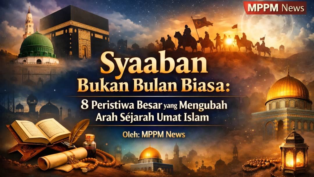 Ilustrasi bulan Syaaban dalam sejarah Islam yang menampilkan Ka’bah, Masjid Nabawi, dan peristiwa penting yang membentuk arah sejarah umat Islam.