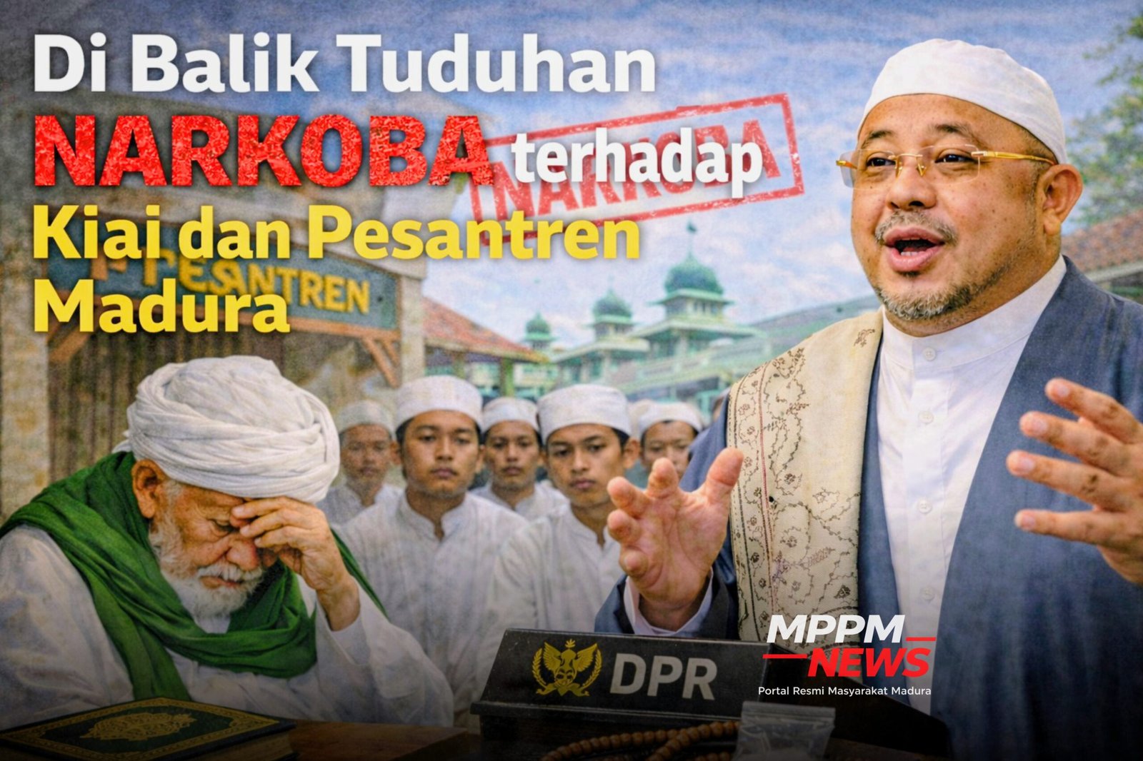 Ilustrasi polemik tuduhan narkoba terhadap kiai dan pesantren Madura dengan sosok Habib Aboe Bakar Alhabsyi dan ulama Madura.