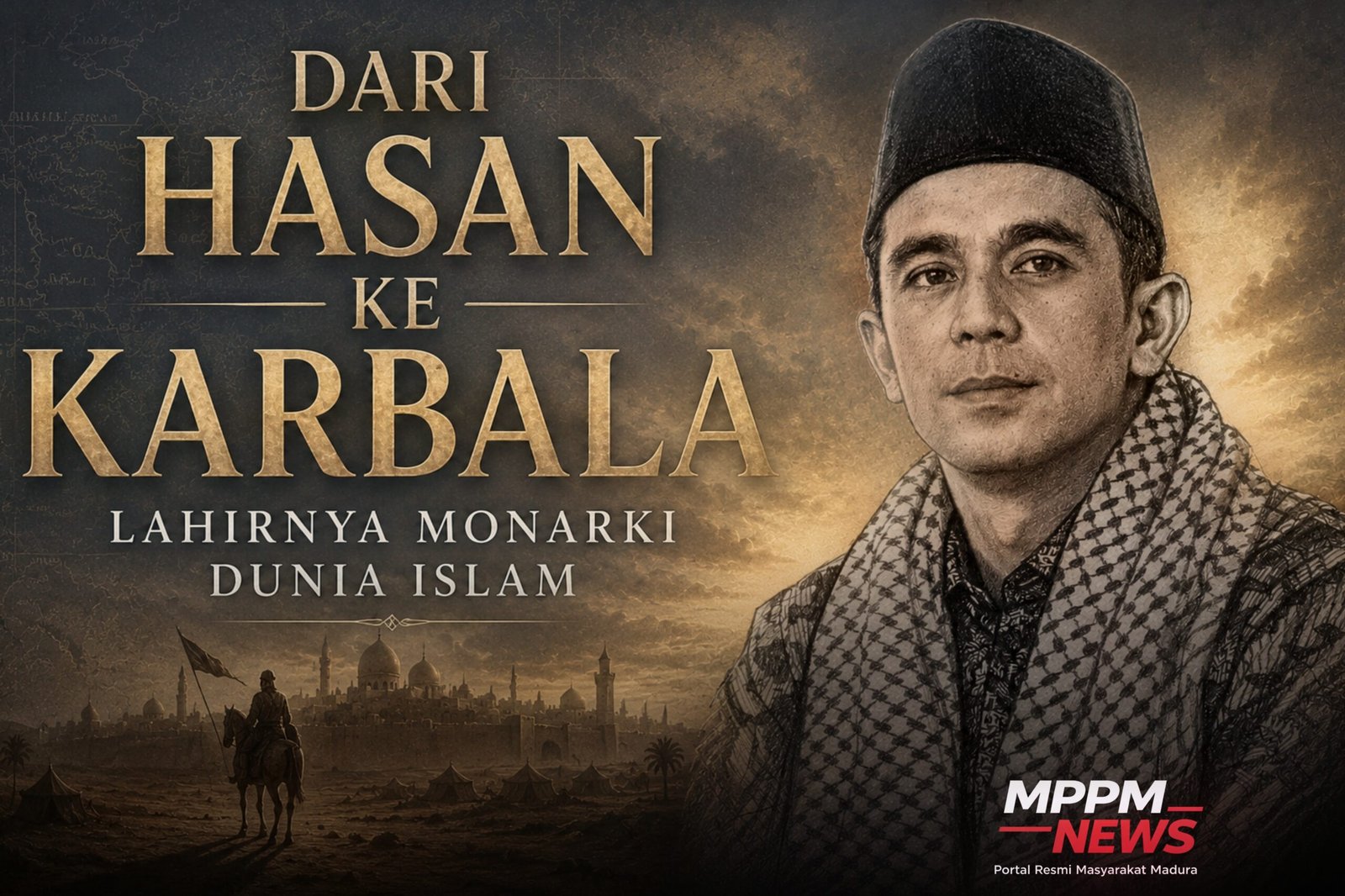 Potret ilustratif Abdul Kholik dengan latar gurun Karbala dan kota Islam klasik dalam visual historiografi politik dunia Islam era Dinasti Umayyah.