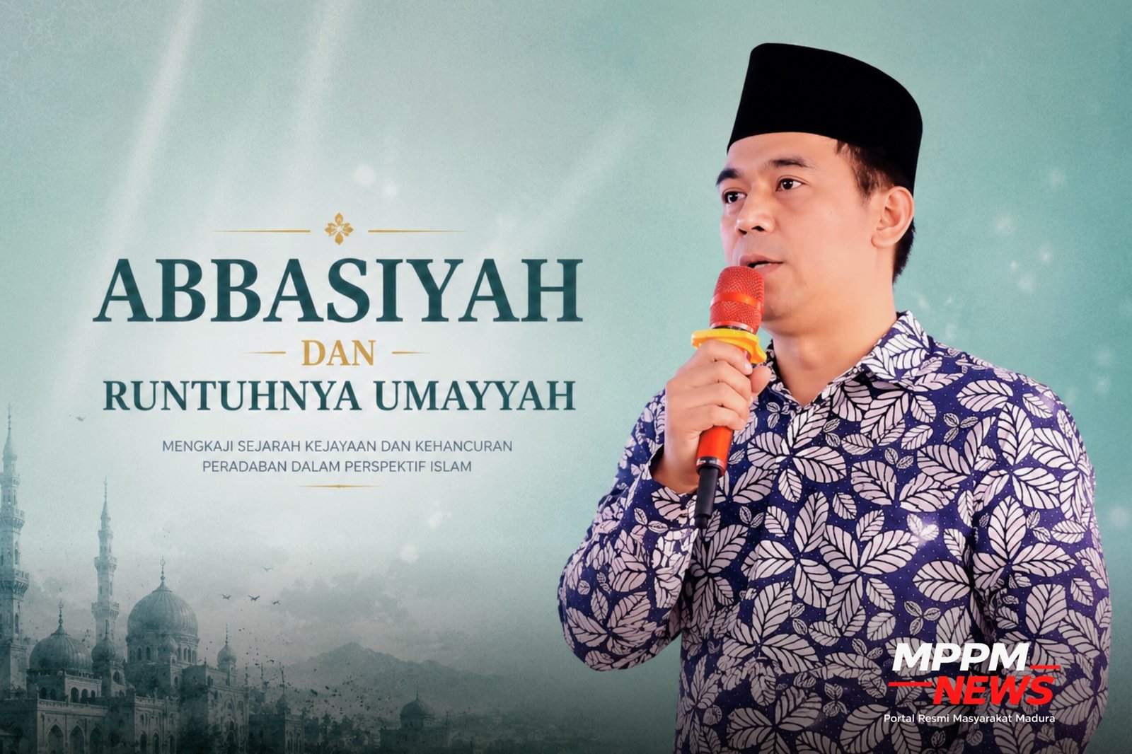 Visual utama artikel historiografi politik dunia Islam tentang Revolusi Abbasiyah dan runtuhnya Dinasti Umayyah dengan ilustrasi Abdul Kholik dan nuansa peradaban Islam klasik.