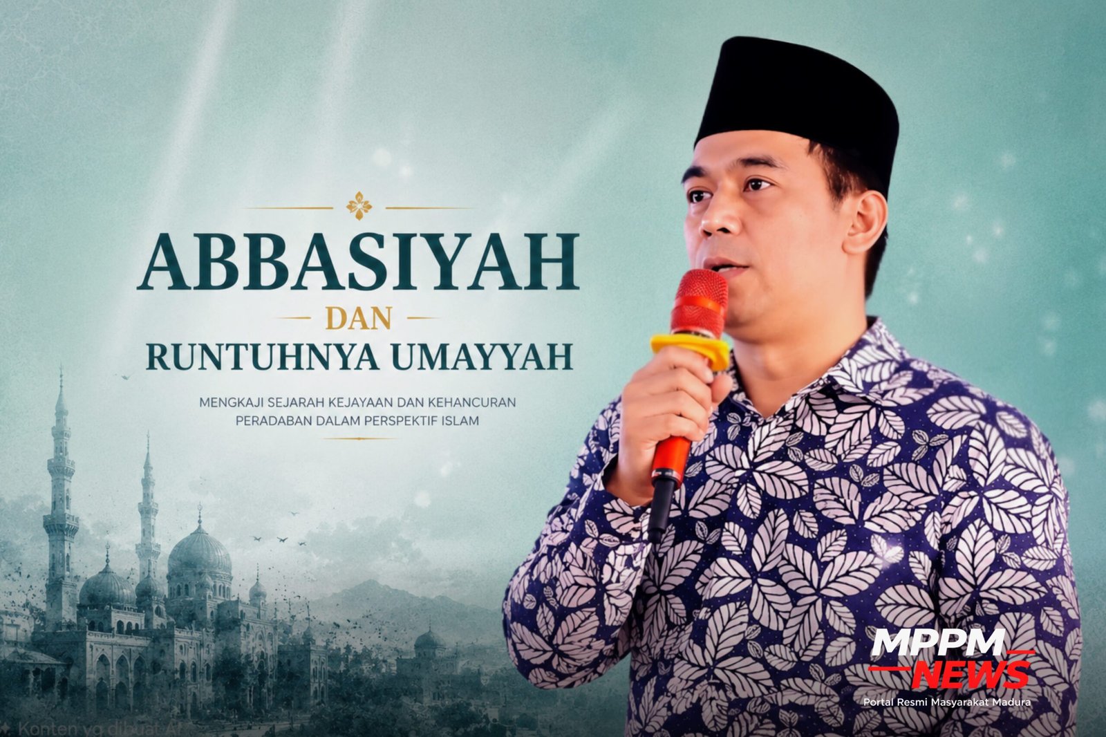 Visual utama artikel historiografi politik dunia Islam tentang Revolusi Abbasiyah dan runtuhnya Dinasti Umayyah dengan ilustrasi Abdul Kholik dan nuansa peradaban Islam klasik.