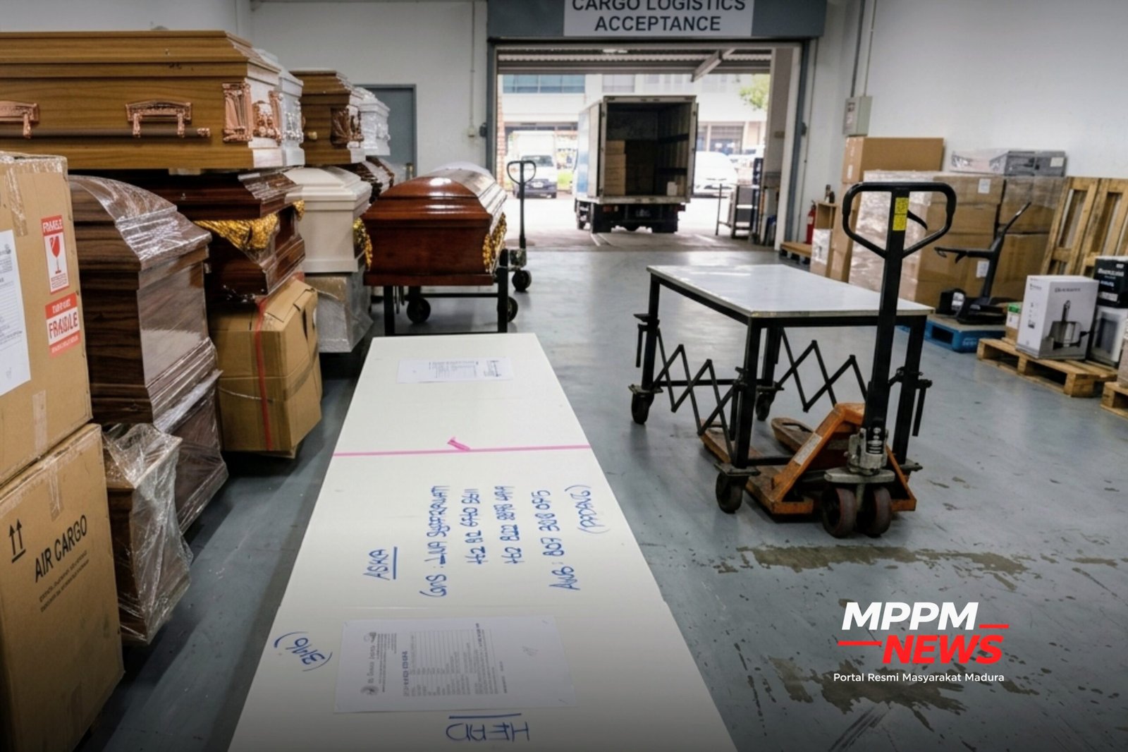 Peti jenazah PMI asal Sijunjung, Sumatera Barat, berada di area penerimaan kargo udara sebelum diberangkatkan dari Kuala Lumpur ke Padang dalam proses pemulangan yang diurus MPPM.