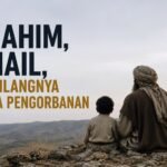 Ilustrasi Ibrahim dan Ismail memandang cakrawala di padang berbatu dengan nuansa senja sebagai simbol pengorbanan dan refleksi moral manusia modern.
