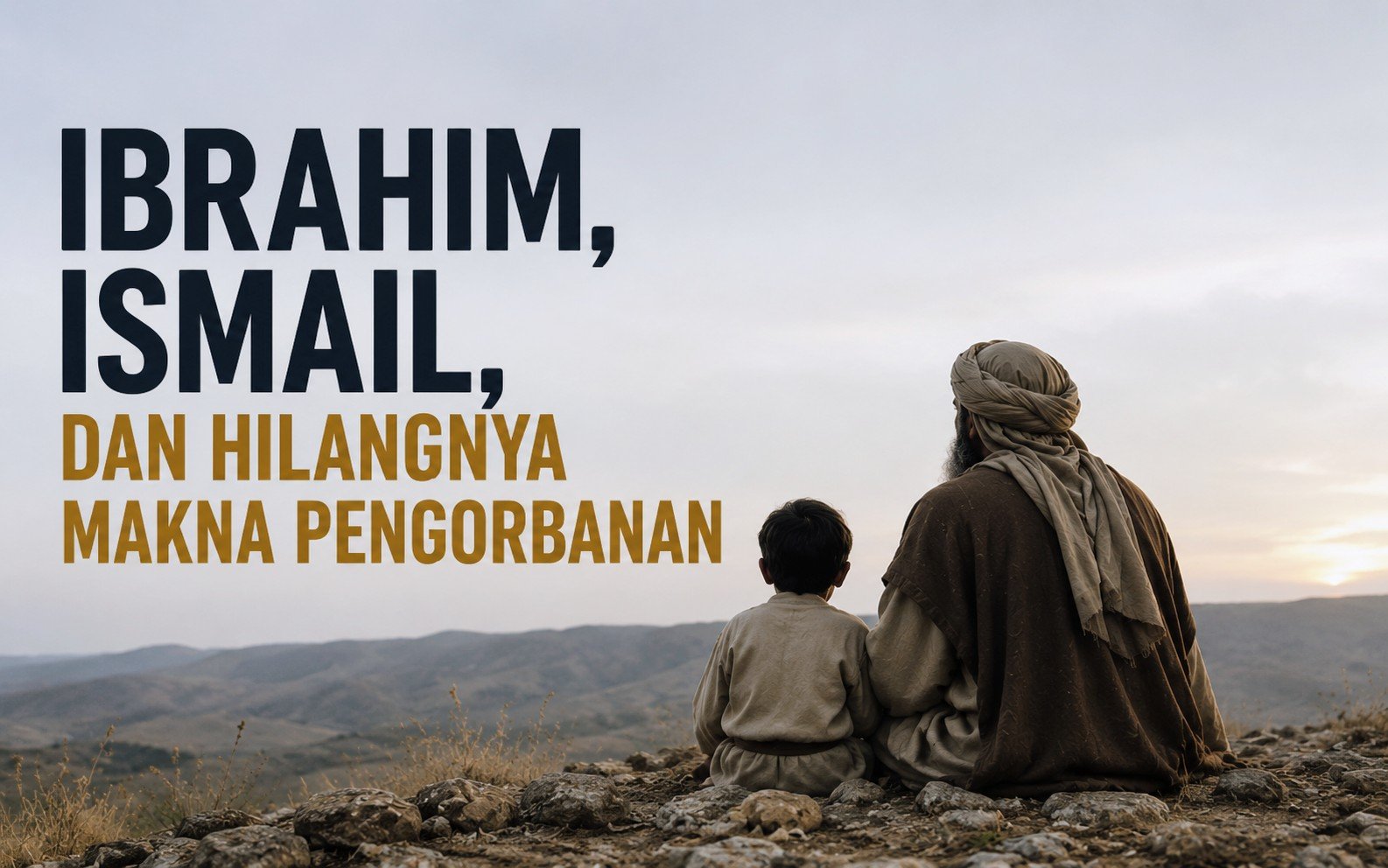 Ilustrasi Ibrahim dan Ismail memandang cakrawala di padang berbatu dengan nuansa senja sebagai simbol pengorbanan dan refleksi moral manusia modern.