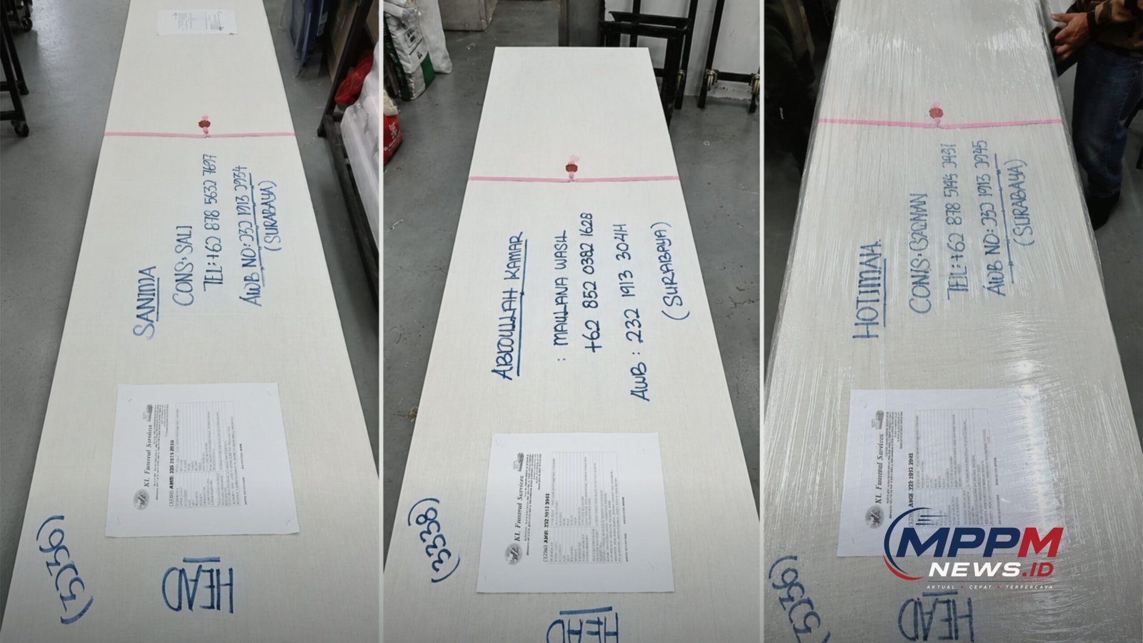 Tiga peti jenazah WNI yang dipersiapkan Tim Pengurusan dan Pemulangan Jenazah (TPPJ) MPPM sebelum diberangkatkan dari Kuala Lumpur menuju Indonesia.